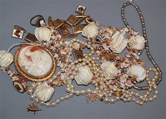 A shell necklace, double string simulated pearl necklace, a pair of 9ct gold drop earrings, a cameo, 925 and yellow metal necklace,